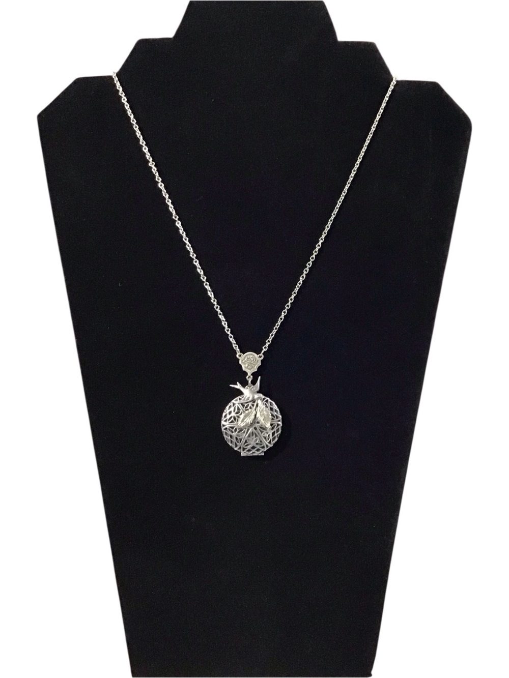 Filigree Locket Silver Tone Necklace Bird Leaf Charm Distressed Vintage Jewelry